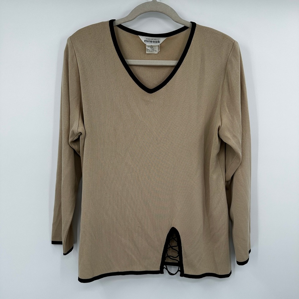 Exclusively Misook Long Sleeve V Neck Knit Top Beige Black Trim Women's L